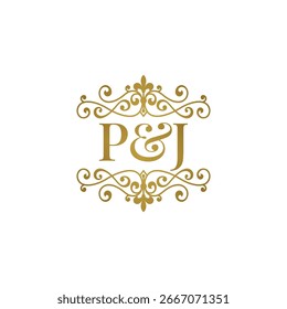 Logo de las iniciales PJ ornamento dorado. Letra BD símbolo de ampersand de boda o socio de negocios