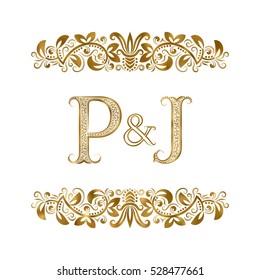 P and J vintage initials logo symbol. The letters are surrounded by ornamental elements. Wedding or business partners monogram in royal style.