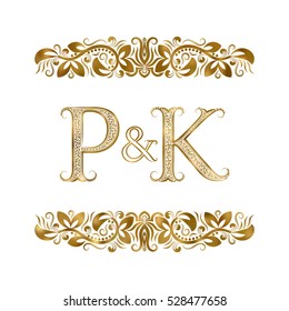 P and K vintage initials logo symbol. The letters are surrounded by ornamental elements. Wedding or business partners monogram in royal style.