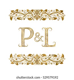 P and L vintage initials logo symbol. The letters are surrounded by ornamental elements. Wedding or business partners monogram in royal style.