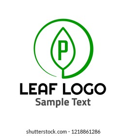 "P" leaf logo symbol icon sign. A leaf logo, green, simple minimalist style, with a green "P" letter and some sample text.