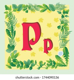 p letter alphabet with a frame of green leaves
