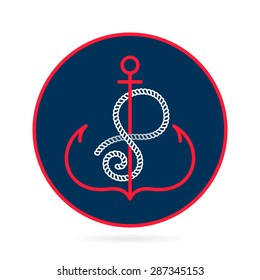 P letter with an anchor and rope vector vintage label, logo, icon design template element. This badge can be used as trademark or a print on fabric.