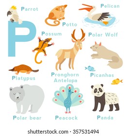 P letter animals set. English alphabet. Vector illustration, isolated on white background