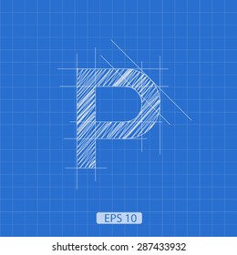 P letter architectural plan on blue print background