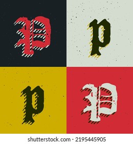 P letter blackletter style logo set with grunge texture. Stylish horror gothic icon font. Perfect for retro style identity, music album covers, movie posters, luxury packaging, medieval design.