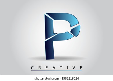 P letter with broken glass effect. Blue shattered letter with falling pieces vector illustration for logo, monogram, label, cover, emblem, company name, glass business, firm sign or web page design.