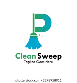 P letter with broom design logo template illustration.