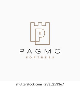 P Letter Castle Fortress Logo Outline Vector Icon Illustration