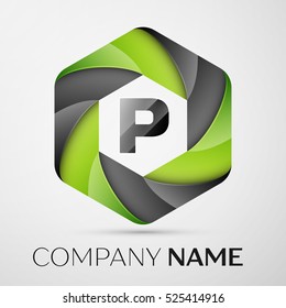 P Letter colorful logo in the hexagonal on grey background. Vector template for your design