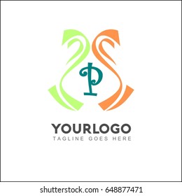 P letter colorful tape logo, Twisted Infinity brand identity, square Ribbon logotype, wind icon.