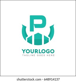 P letter creative logo. Real estate icon design for business visual identity. Illustration city, house and skyscraper.