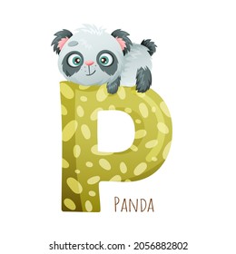 P letter and cute panda baby animal. Zoo alphabet for children education, home or kindergarten decor cartoon vector illustration