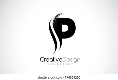 P Letter Design Brush Paint Stroke. Letter Logo with Black Paintbrush Stroke.