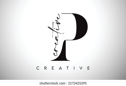 P Letter Design with Creative Cut and Serif Font in Black and White Colors Vector Illustration.