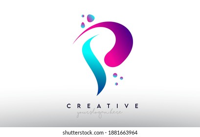 Logotipo de diseño de letras P. Color de la letra de goma arcoiris con puntos y formas creativas de color fluido