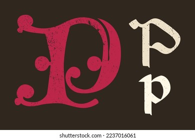 P letter drop cap logo. Illuminated initial and blackletter uppercase and lowercase. All you need to precisely imitate medieval text. Decorative element for the beginning of a paragraph or section.