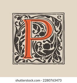 P letter drop cap logo in medieval engraving style. Blackletter square initial. Illuminated dark-age emblem with lush foliage and tulips. Perfect for vintage identity, gothic posters, luxury packaging