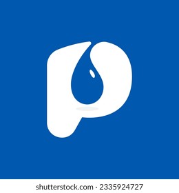 P letter eco logo with blue water dew drops. Negative space icon. Spring water emblem. Vector template for pure drink company, swimming posters, waste recycling identity, fight against drought adv.