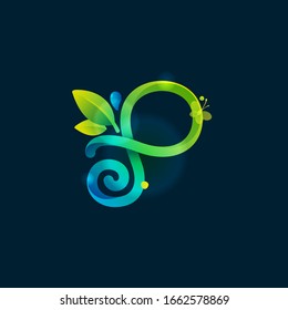 P letter eco logo with green curved lines, leaves and dew drops. Vector handwritten script font for nature labels, bio company, spring posters etc.