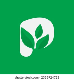 P letter eco logo with green leaves. Negative space agriculture icon. Lush foliage emblem. Vector template for seeds growing company, summer posters, waste recycling identity, nature friendly labels.