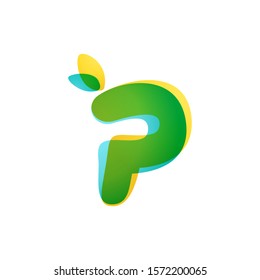 P letter eco logo. Overlapping gradient font with green leaves. Vector green template can be used for eco, vegan, bio, raw, organic.