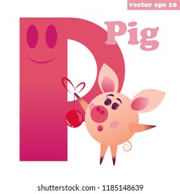 P letter of english alphabets with funny cartoon pig. Educatioal element for study, kids book, preschool classes, memo cards, children games. Vector isolated illustration.