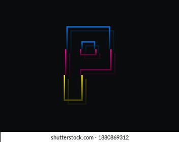 P letter font, vector design logo. Dynamic, split-color, blue, pink, yellow on black background. Eps10 illustration