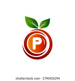 P letter fruit logo with green leaf and gradient. p Letter Orange logo design.P letter circle fruit logo design.Leaf and fruit logo with p letter
