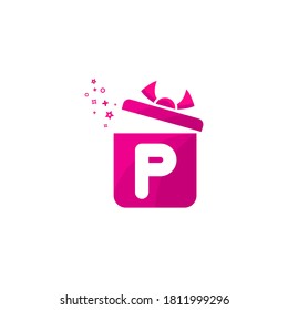 p letter Gift box Logo Design Vector Template.Logo gift template. Letter p in the box for present. Concept design present emblems and signs. Gift box icon pink color.p gift box logo