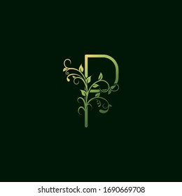 P Letter Green Floral Initial Logo Icon. Vector design concept ornate typographic abstract floral for decorative lettering signinitial with swirl  floral leaf elements vintage, elegant, luxury style