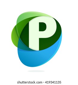 P letter with green leaves and blue drops. Vector design template elements for your eco application or corporate identity.