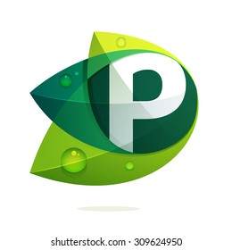 P letter with green leaves and dew drops. Vector design template elements for your application or corporate identity.