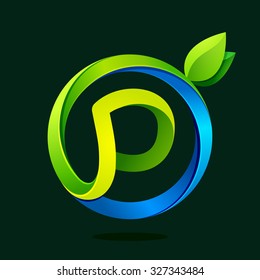P letter with green leaves and water waves. Vector design template elements for your ecology application or corporate identity.