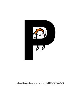 P letter hand drawn cartoon illustration with cute cartoon comic man smiling kawaii