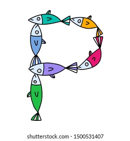 P letter hand drawn vector illustration sardines form in cartoon style rainbow colors