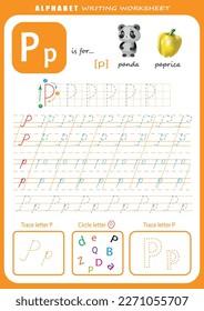 Hoja de trabajo de práctica de escritura a mano de letra P. Hoja de cálculo de seguimiento de letras de alfabeto para niños con juegos e ilustraciones brillantes. Página Aprendiendo actividad alfabética. Plantilla imprimible.