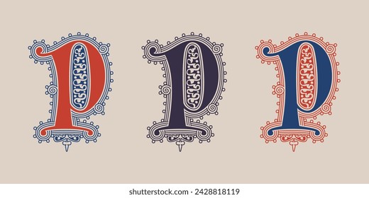 P letter illuminated gothic monogram with naturalistic flowers ornament. German drop cap. Dark age decorative logo. Classic medieval red and blue Latin initials font based on XIV century manuscript.