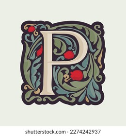P letter illuminated initial with curve leaf ornament and tulips. Medieval dim colored fancy drop cap logo. Gothic heraldry blackletter dark-age emblem. Perfect for luxury calligraphy with pattern.