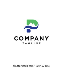 P Letra inicial de la plantilla del vector del logotipo de montaña y río.