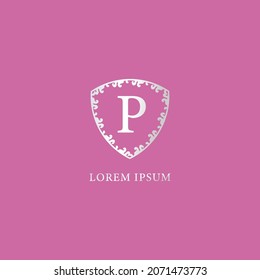 P Letter Intial logo design template. Luxury silver decorative floral shield illustration. Suitable for Insurance, fashion and beauty product. Isolated on pink color background.