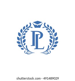P letter and L letter education vector logo design template.  Typographic monogram. School cap and crown illustration. University, academy, college and school emblems, labels, badges. 