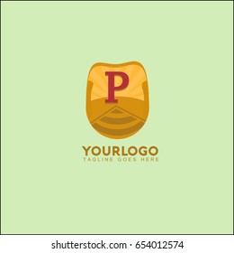 P letter landscape vector illustration with mountain, sun and road. Vintage brand identity.