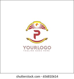 P letter landscape vector illustration. Vintage sunset logo with sun.