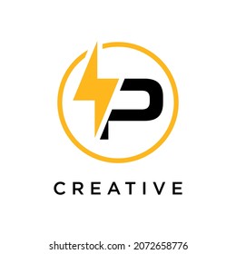 P Letter With Lighting Thunder Bolt Logo Design. Electric Bolt Flash Letter Logo Vector Illustration.