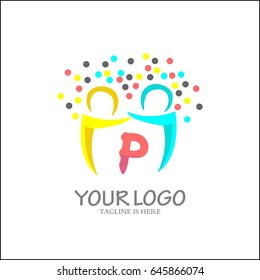 P letter logo. Abstract team work design vector. Community symbol icon.
