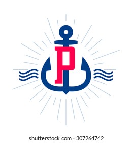 P letter logo. Anchor and rope vector vintage label, logo, icon design template element. This badge can be used as trademark or a print on fabric.