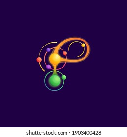 P letter logo with atoms orbits. Vector vivid icon perfect to use in any science labels, technology posters, astronomy identity, etc.