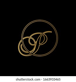 P letter logo with black background.Gold letter logo.This is gold script letter design.