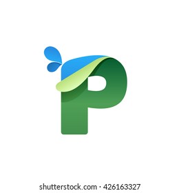 P letter logo with blue drops and folded corner. Vector paper style typeface. Ecology letter for card, app icon, corporate identity, label or poster.
